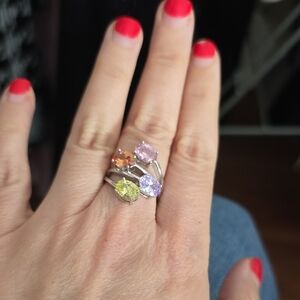 Size 7 Multi-Gem Silver Fashion Ring — Pastel Gemstones